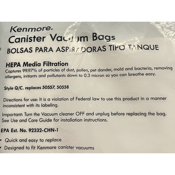 Kenmore Q/C Style Canister Vacuume Bags HEPA Media Filter 20-53292 6 Pack New - Picture 7 of 8